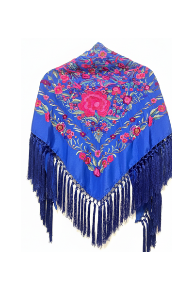 Mantoncillo de flamenca azulón, rosa fuxia, seda, borlón