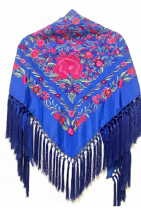 Mantoncillo de flamenca azulón, rosa fuxia, seda, borlón