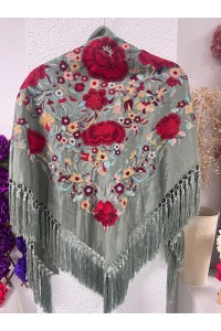 Mantoncillo de flamenca ROSASROJAS verde jabonoso, flecado borlón