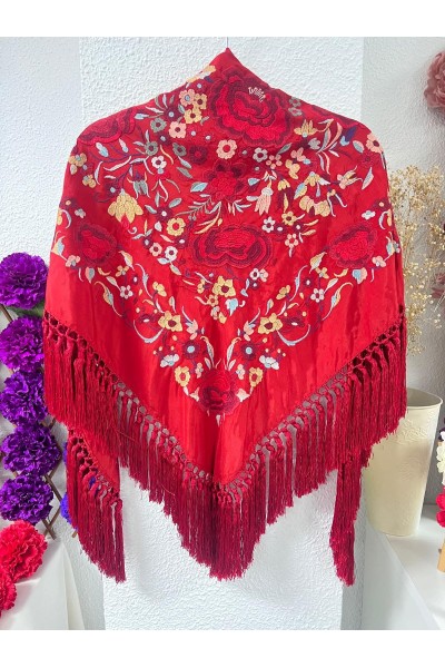 Mantoncillo de flamenca ROSASROJAS rojo, flecado artesanal borlones