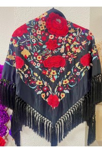 Mantoncillo de flamenca ROSASROJAS negro, flecado artesanal borlones