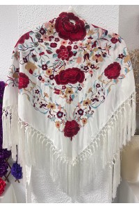 Mantoncillo de flamenca ROSASROJAS blanco, flecado artesanal borlones