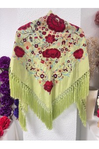 Mantoncillo de flamenca ROSASROJAS verde manzana, flecado borlones