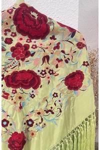 Mantoncillo de flamenca ROSASROJAS verde manzana, flecado borlones