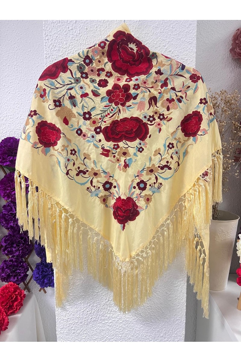Mantoncillo de flamenca ROSASROJAS amarillo vainilla, flecado borlones
