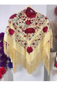 Mantoncillo de flamenca ROSASROJAS amarillo vainilla, flecado borlones