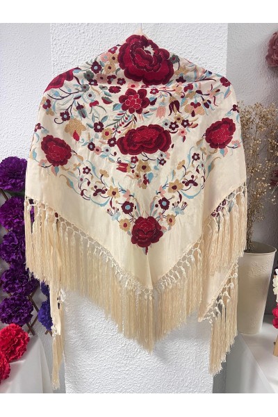 Mantoncillo de flamenca ROSASROJAS beige caña, flecado borlones