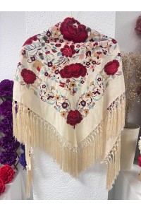 Mantoncillo de flamenca ROSASROJAS beige caña, flecado borlones
