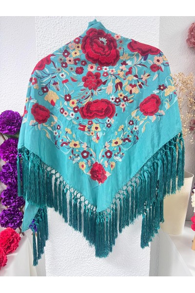 Mantoncillo de flamenca ROSASROJAS azul turquesa, flecado borlones
