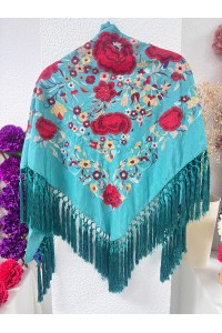 Mantoncillo de flamenca ROSASROJAS azul turquesa, flecado borlones