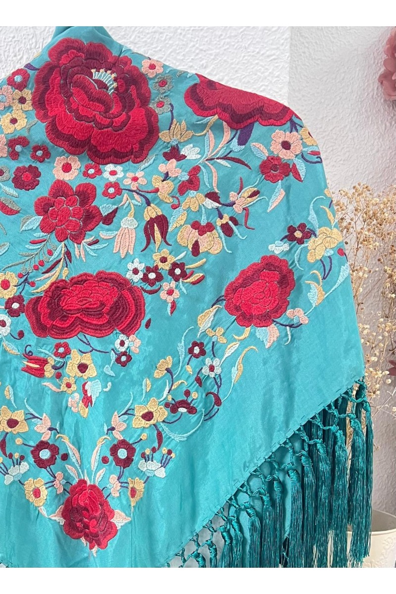 Mantoncillo de flamenca ROSASROJAS azul turquesa, flecado borlones