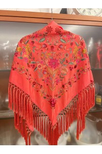 Mantoncillo PUREZA coral, seda, flecado artesanal borlones