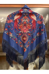 Mantoncillo HERENCIA azul oscuro, seda, flecado artesanal borlones