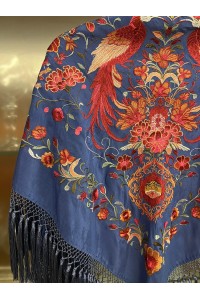 Mantoncillo HERENCIA azul oscuro, seda, flecado artesanal borlones