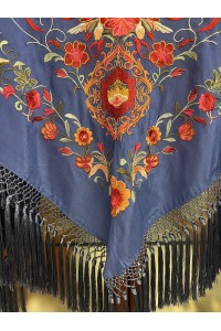 Mantoncillo HERENCIA azul oscuro, seda, flecado artesanal borlones