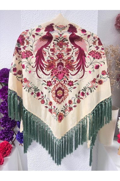 Mantoncillo HERENCIA caña, seda, flecado verde artesanal borlones