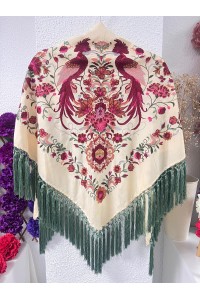 Mantoncillo HERENCIA caña, seda, flecado verde artesanal borlones