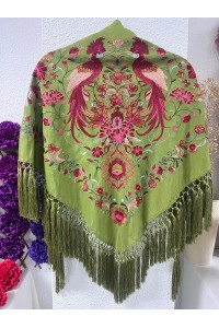 Mantoncillo HERENCIA verde oliva, seda, flecado artesanal borlones