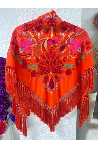 Mantoncillo LEGADO naranja, seda, flecado artesanal borlones