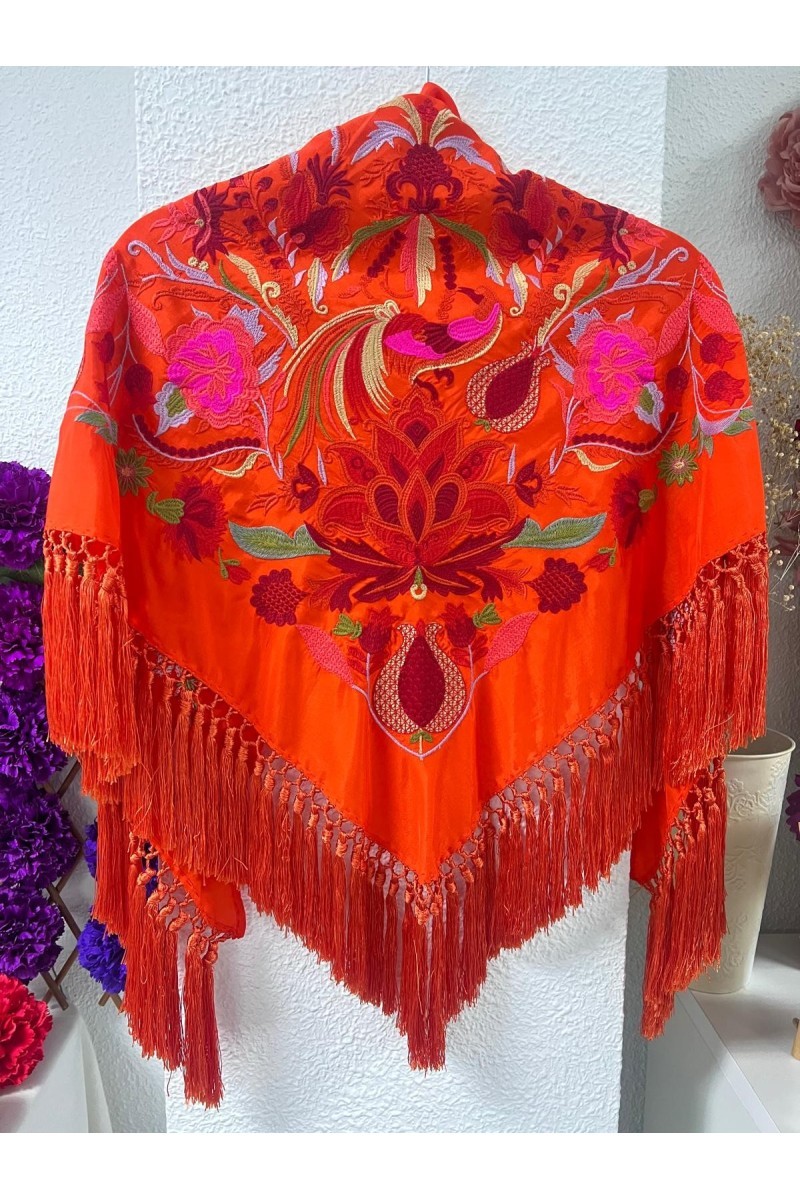 Mantoncillo LEGADO naranja, seda, flecado artesanal borlones