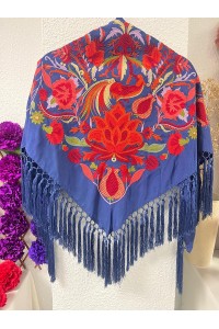 Mantoncillo LEGADO azulón, seda, flecado artesanal borlones