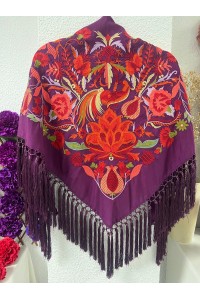 Mantoncillo LEGADO berenjena, seda, flecado artesanal borlones