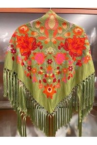 Mantoncillo LEGADO2 verde oliva, seda, flecado artesanal borlones