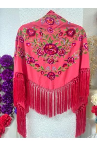 Mantoncillo PEONITA, coral, bordado en rojos y verdes, seda, borlones