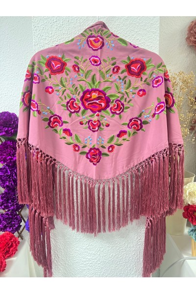 Mantoncillo PEONITA, maquillaje, bordados rojos, verdes, seda, borlon