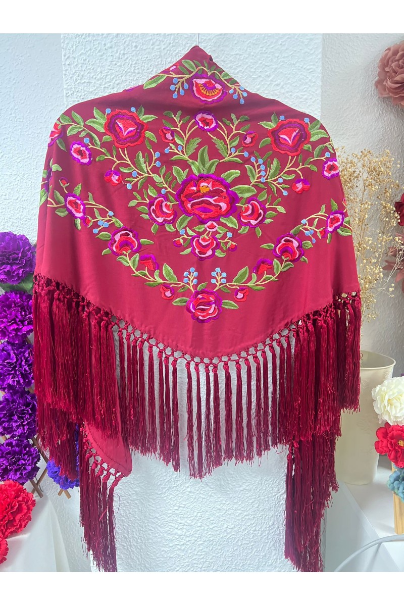 Mantoncillo PEONITA, granate bordados rojos, verdes, seda