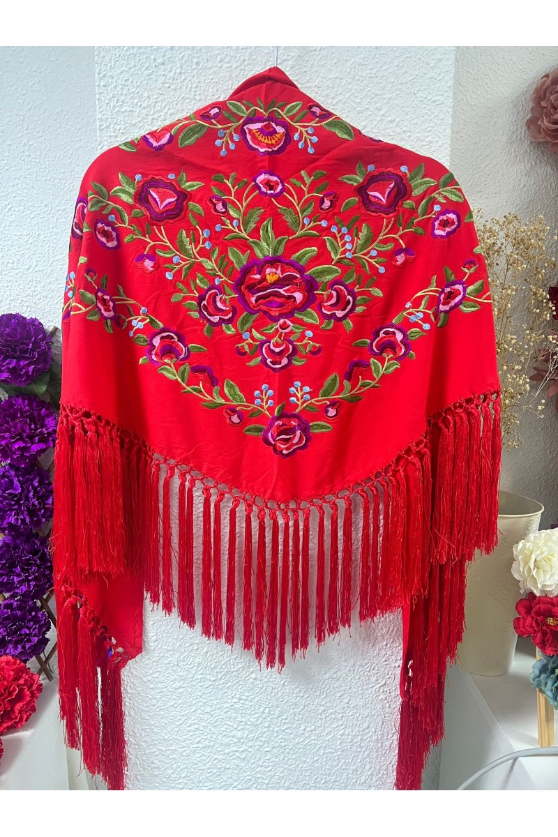 Mantoncillo PEONITA, rojo bordados rojos, verdes, seda