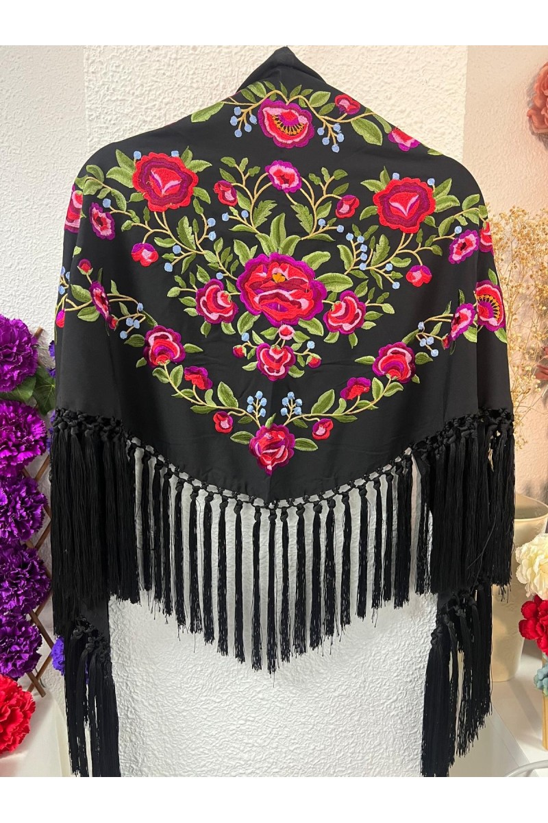 Mantoncillo PEONITA, negro, bordados rojos, verdes, seda