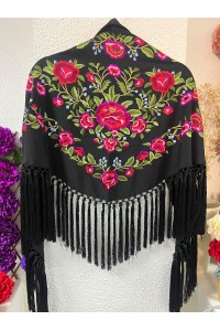 Mantoncillo PEONITA, negro, bordados rojos, verdes, seda