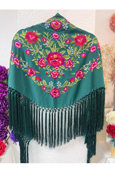 Mantoncillo PEONITA, verde botella bordados rojos, verdes, seda