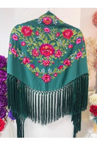 Mantoncillo PEONITA, verde botella bordados rojos, verdes, seda