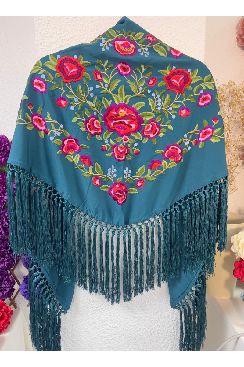 Mantoncillo PEONITA, petróleo, bordados rojos, verdes, seda