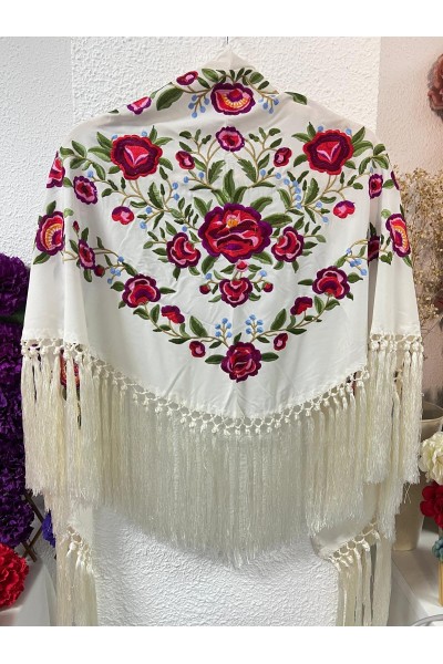 Mantoncillo PEONITA, blanco roto, bordados rojos, verdes, seda