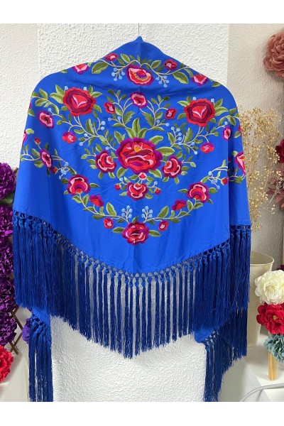 Mantoncillo PEONITA, azulón bordados rojos, verdes, seda