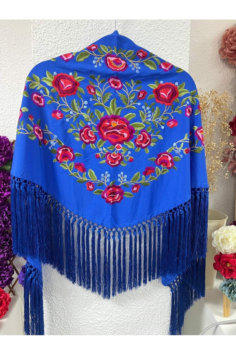 Mantoncillo PEONITA, azulón bordados rojos, verdes, seda