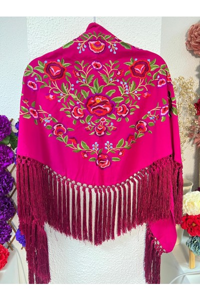 Mantoncillo PEONITA, buganvilla bordados rojos, verdes, seda