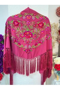 Mantoncillo PEONITA, buganvilla oscuro bordados rojos, verdes, seda