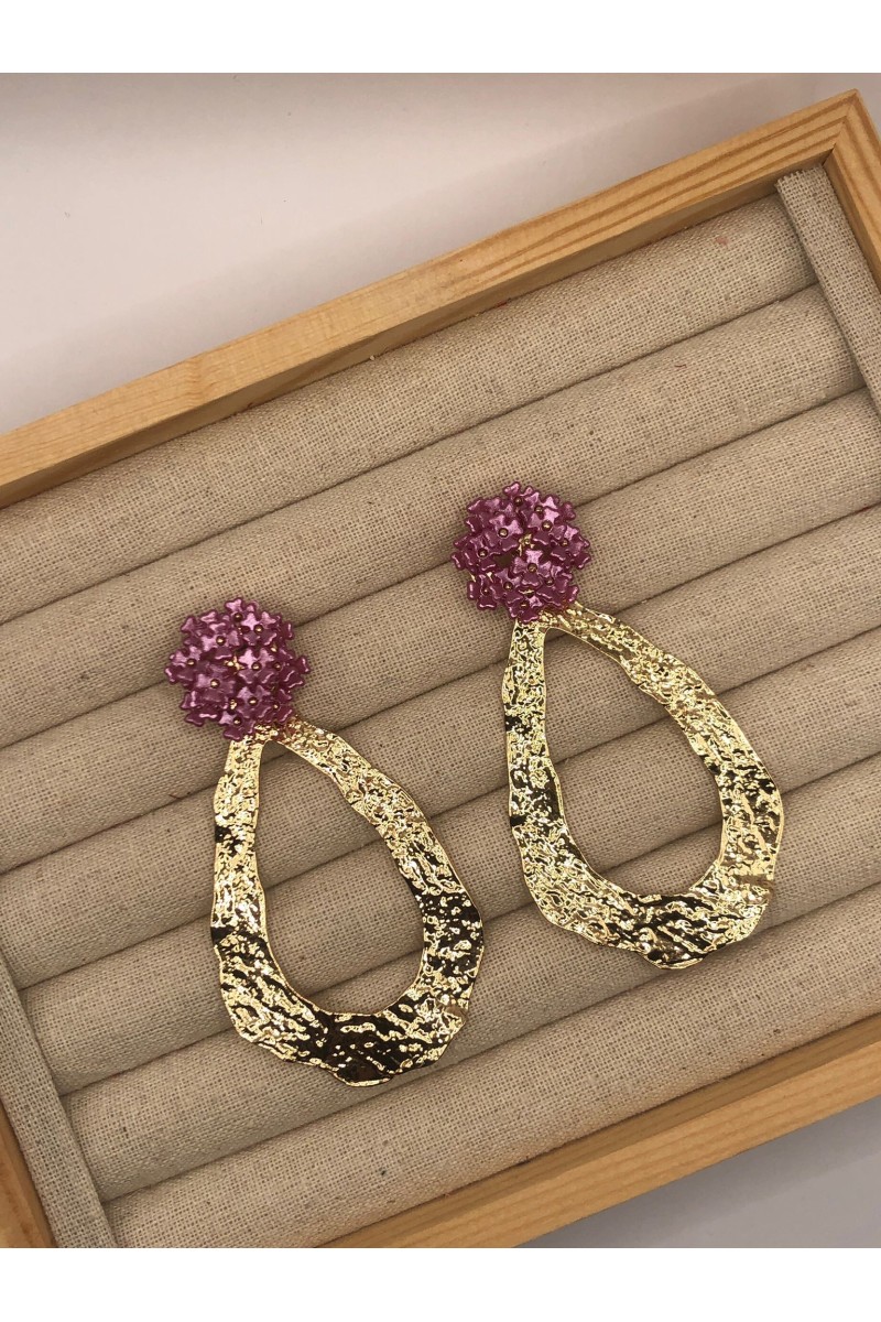 Pendientes FLORA dorado y malva, cierre a presión, hipoalergénicos