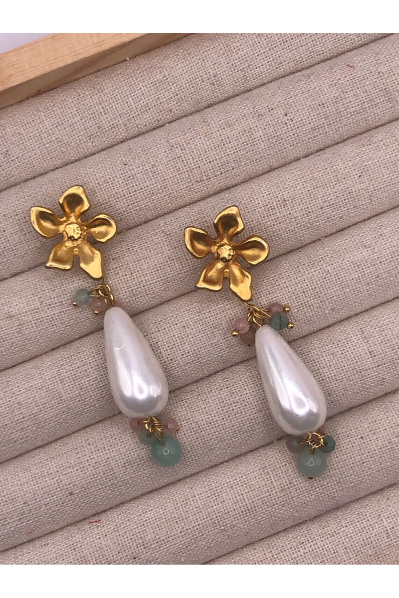 Pendientes MARFIL dorado mate, lágrima nácar, cuarzos colores, hipoale