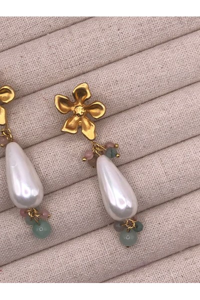 Pendientes MARFIL dorado mate, lágrima nácar, cuarzos colores, hipoale