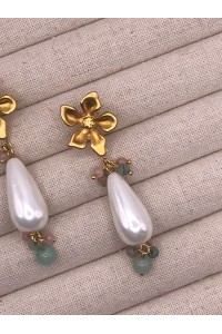 Pendientes MARFIL dorado mate, lágrima nácar, cuarzos colores, hipoale