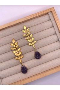 Pendientes MORERA dorado mate, chapado oro, lágrima piedra morado