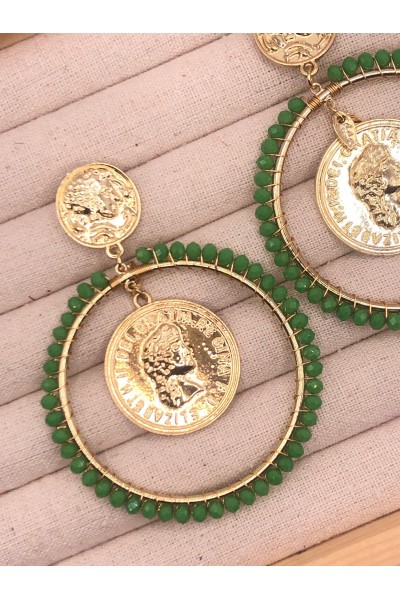 Pendiente ARO MONEDA dorado y verde