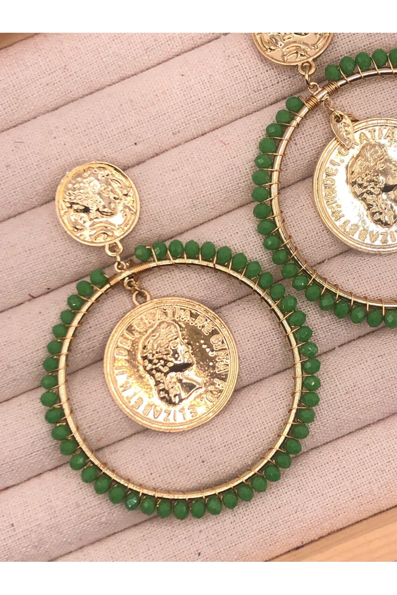 Pendiente ARO MONEDA dorado y verde
