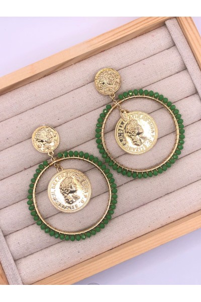 Pendiente ARO MONEDA dorado y verde