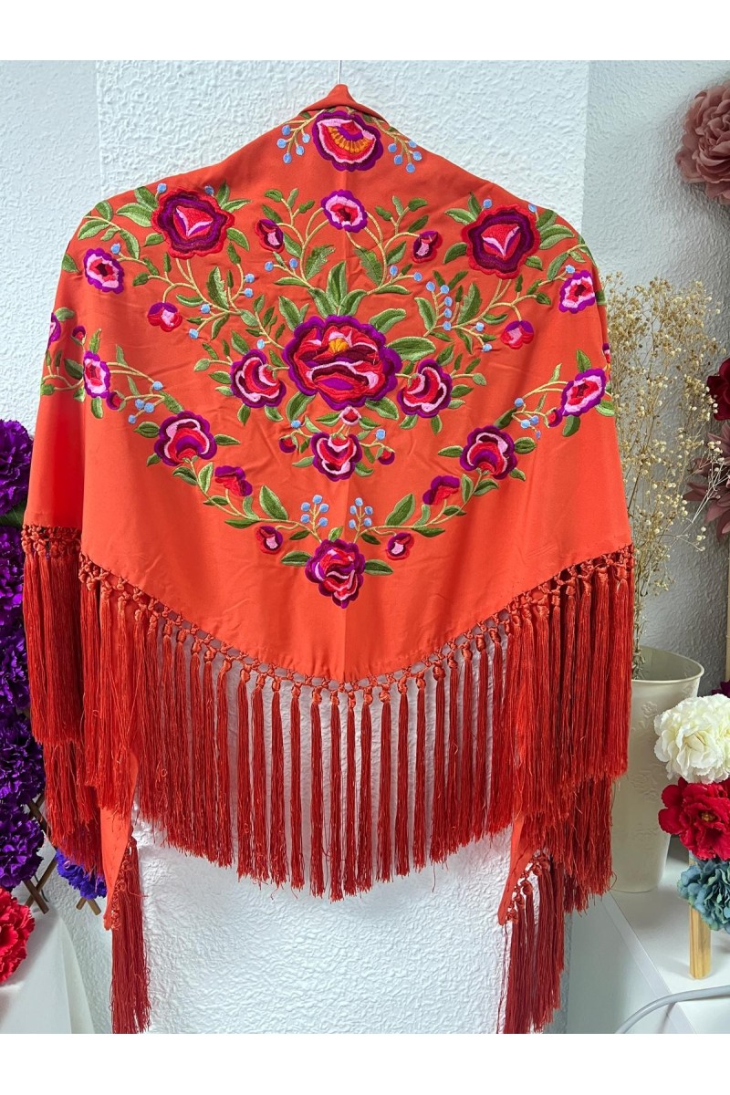 Mantoncillo PEONITA, naranja bordados rojos, verdes, seda